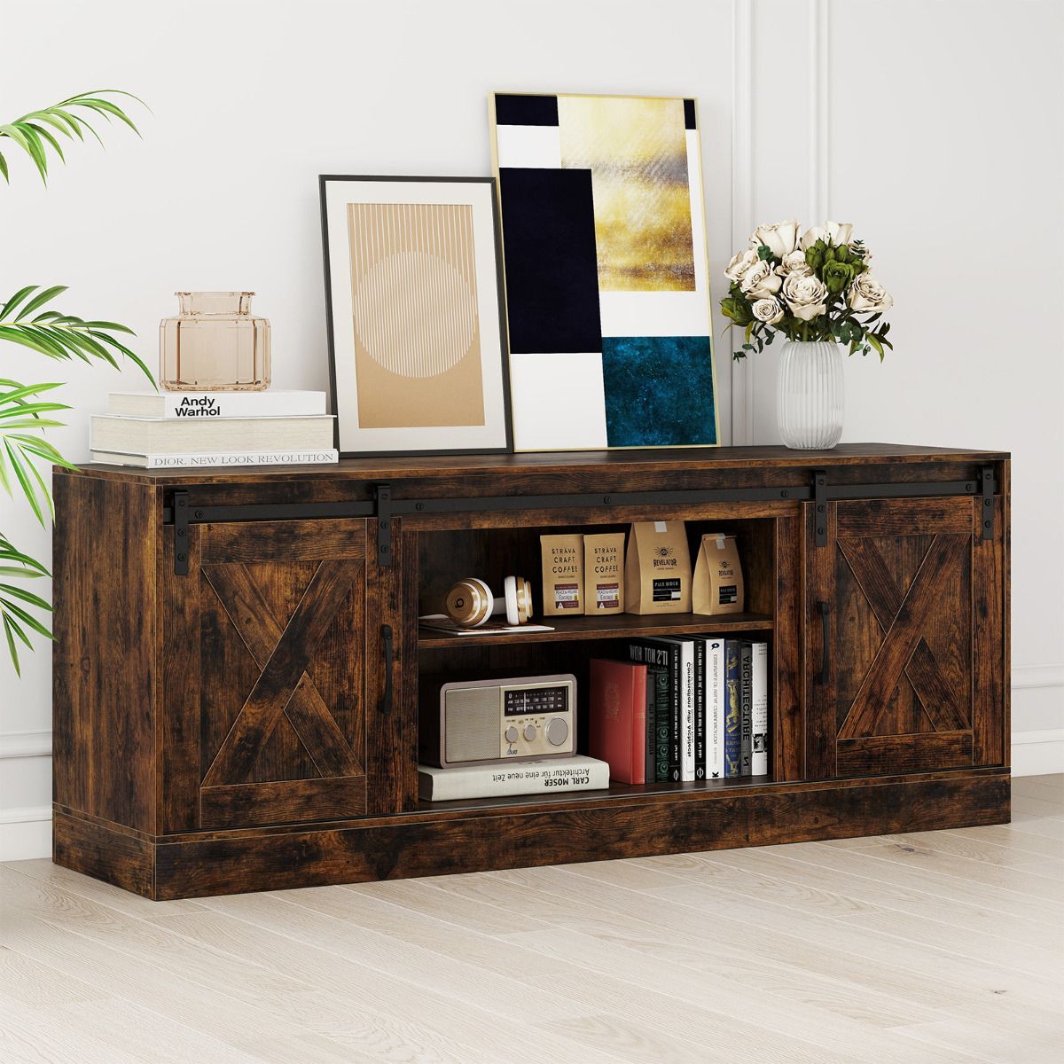 Farmhouse TV Stand for 70" TVs Entertainment Center with Sliding Barn Doors