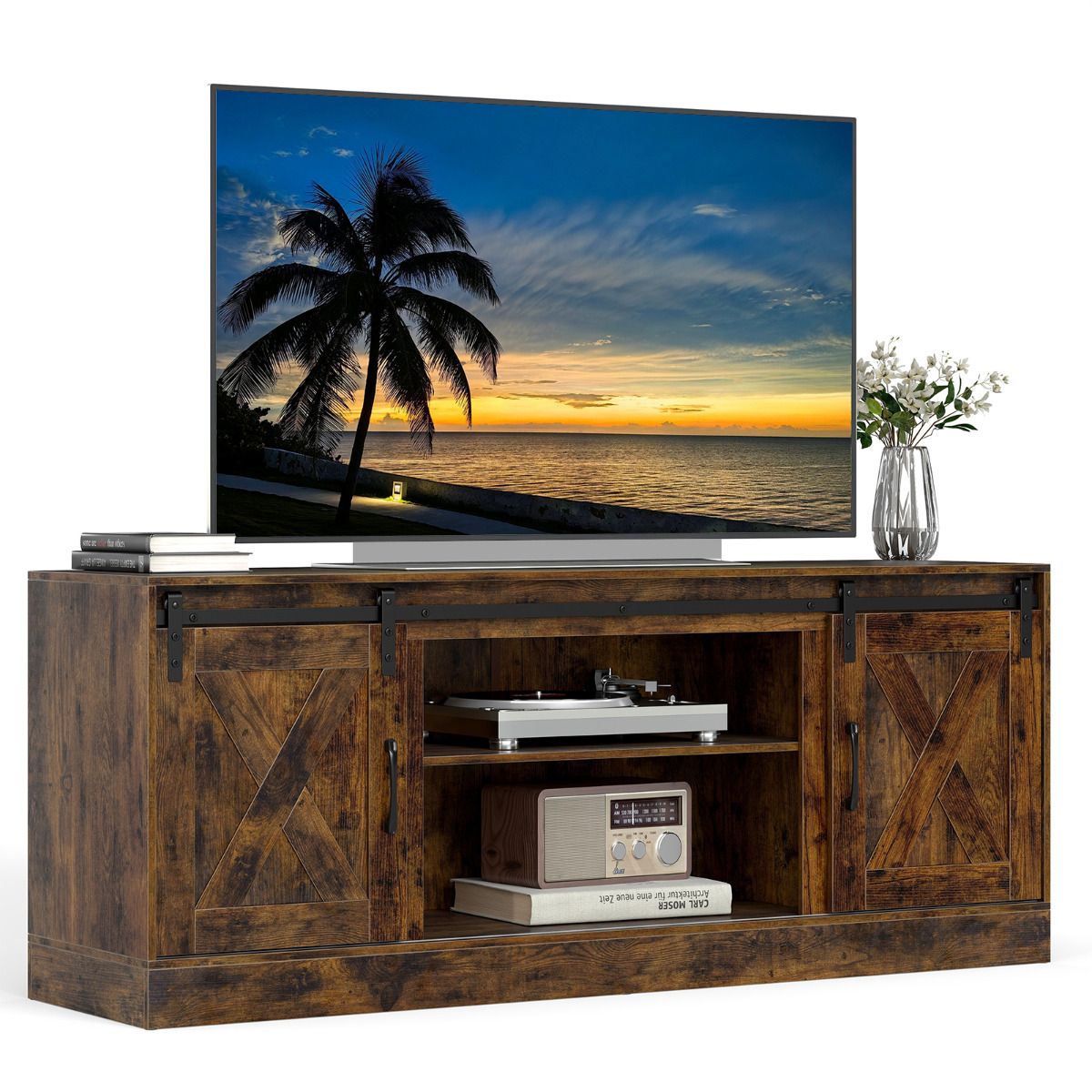 Farmhouse TV Stand for 70" TVs Entertainment Center with Sliding Barn Doors