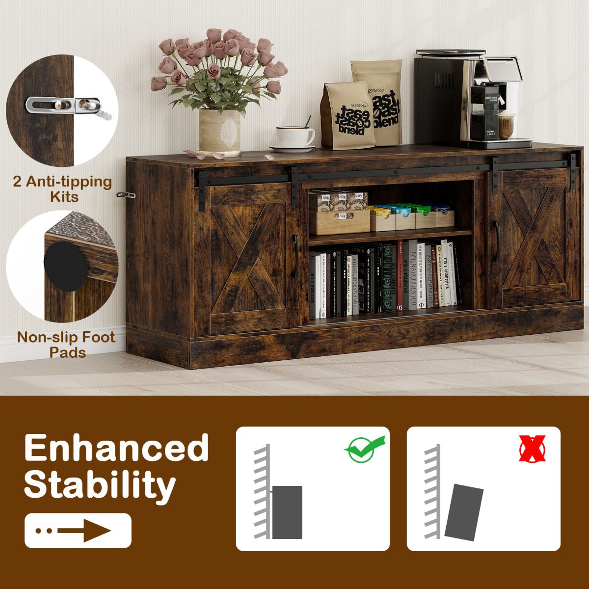 Farmhouse TV Stand for 70" TVs Entertainment Center with Sliding Barn Doors