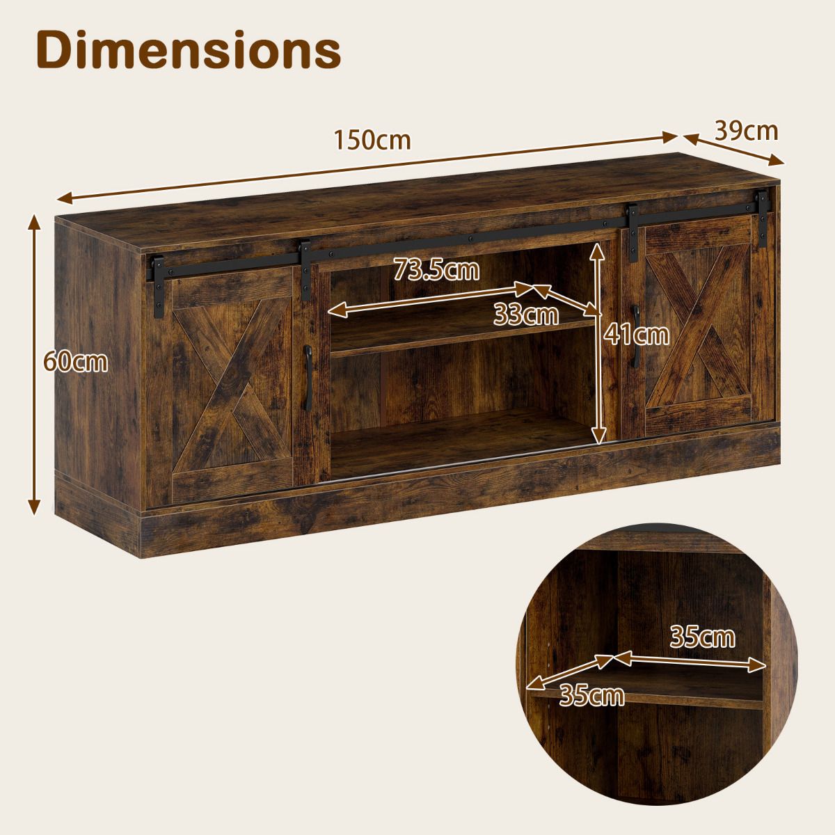 Farmhouse TV Stand for 70" TVs Entertainment Center with Sliding Barn Doors