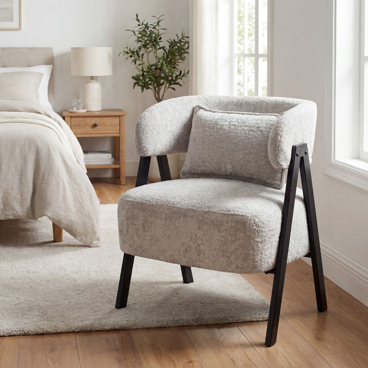 Faux Rabbit Fur Upholstered Armchair with Lumbar Pillow and Metal Legs