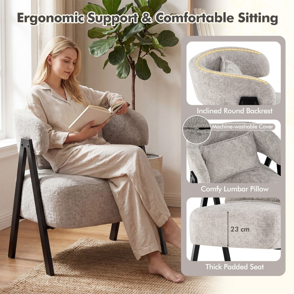 Faux Rabbit Fur Upholstered Armchair with Lumbar Pillow and Metal Legs