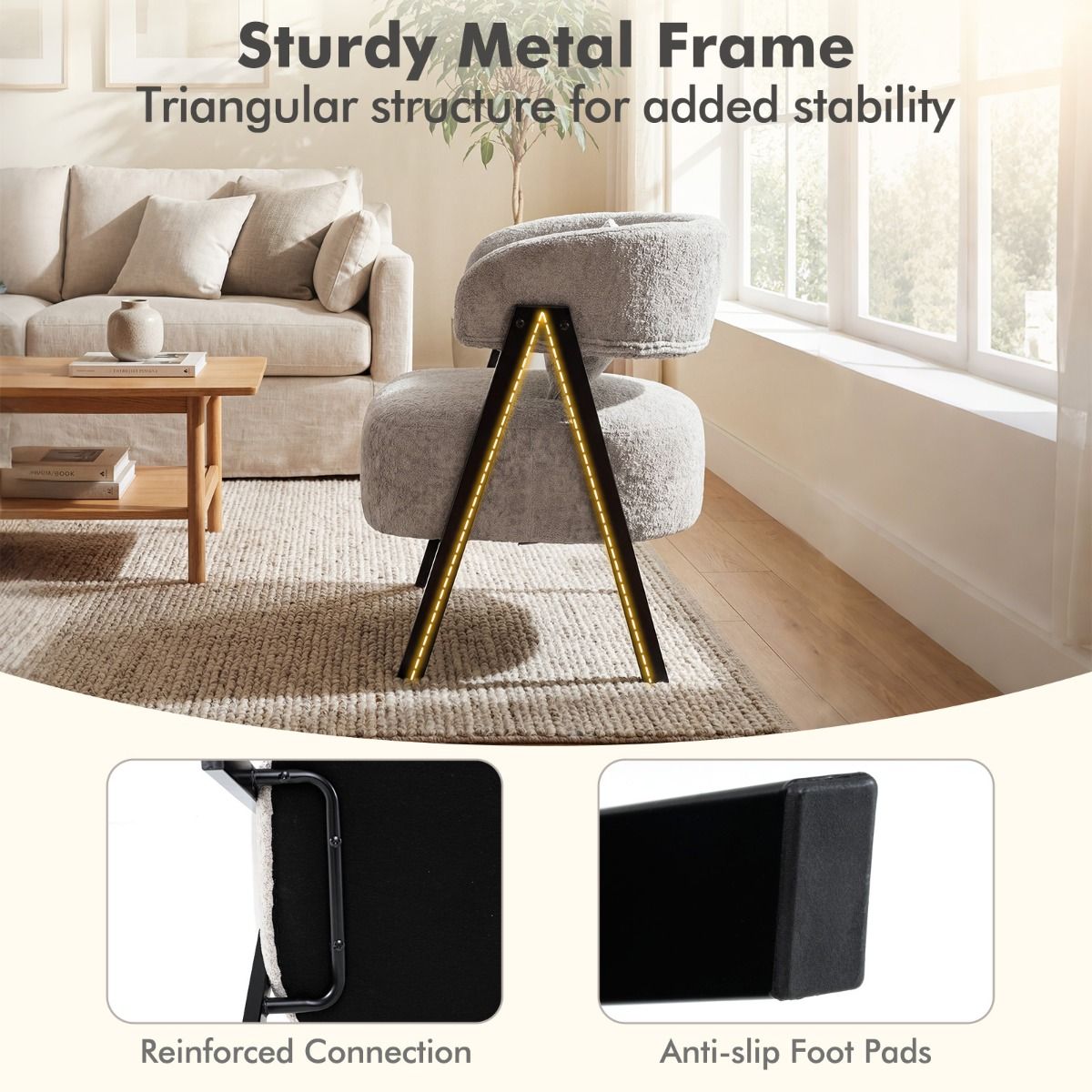 Faux Rabbit Fur Upholstered Armchair with Lumbar Pillow and Metal Legs