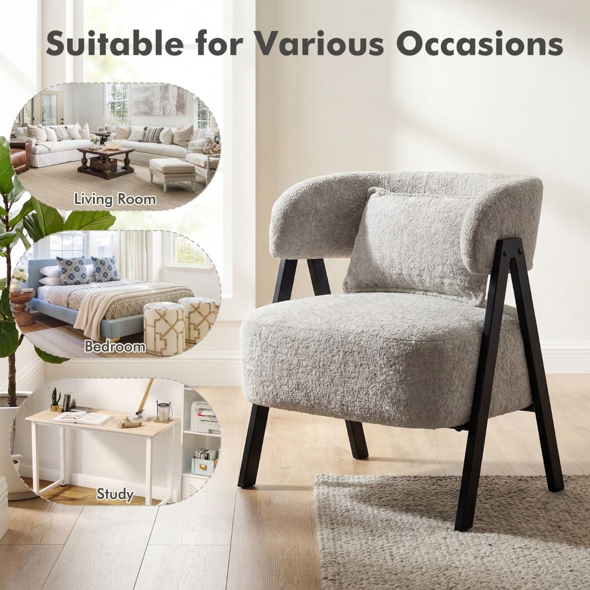 Faux Rabbit Fur Upholstered Armchair with Lumbar Pillow and Metal Legs