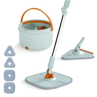 Flat Floor Mop and Bucket System with Mope Heads and Washable Microfiber Pads
