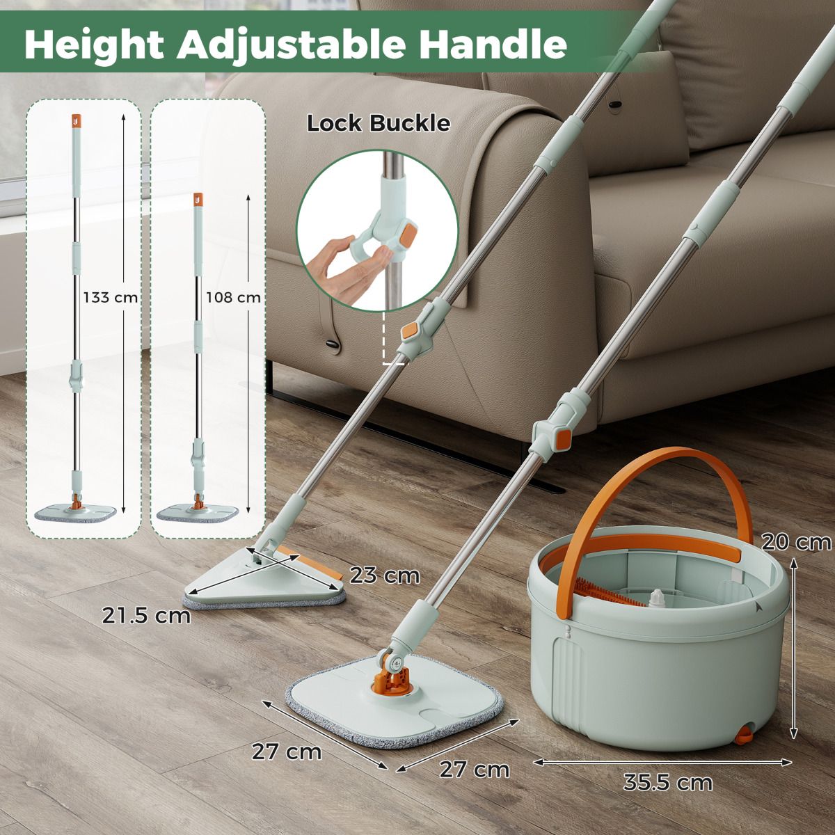 Flat Floor Mop and Bucket System with Mope Heads and Washable Microfiber Pads
