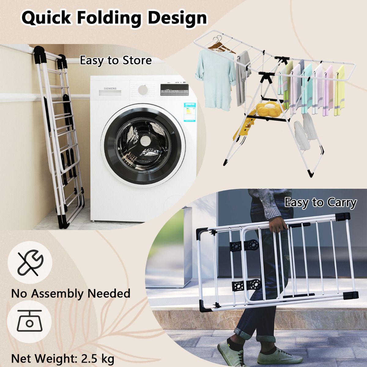 Foldable Drying Rack Space-Saving Laundry Clothes Storage w/ Stainless Steel