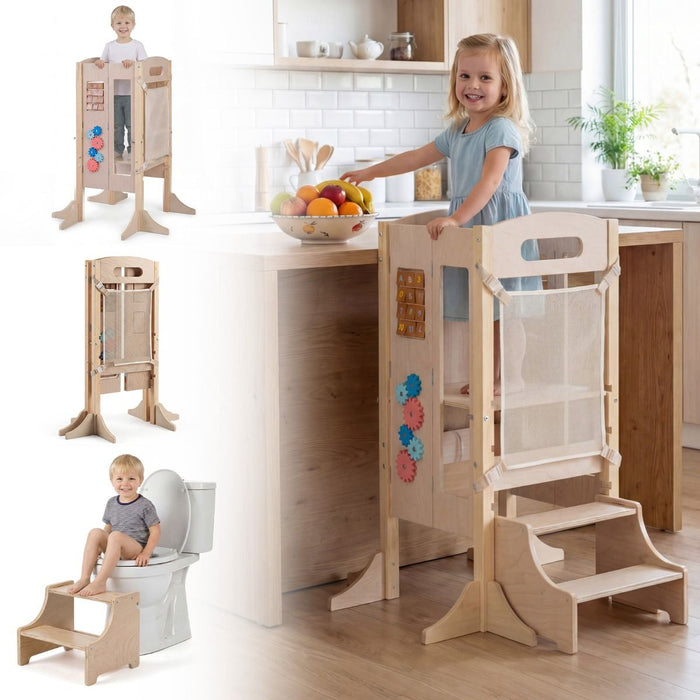 Foldable Learning Tower Toddler Tower with Adjustable Height and Detachable Safety Net
