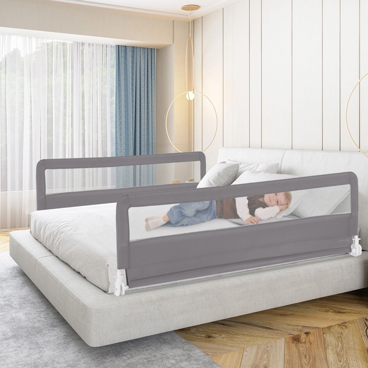 180 x 56 cm Foldable Mesh Bed Rail with Safety Straps for Toddlers