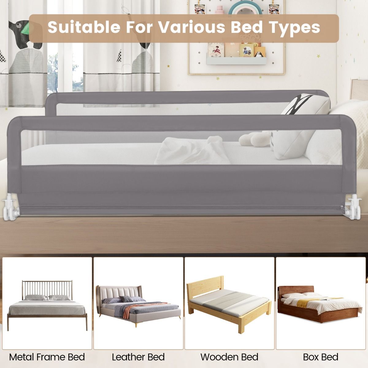 180 x 56 cm Foldable Mesh Bed Rail with Safety Straps for Toddlers