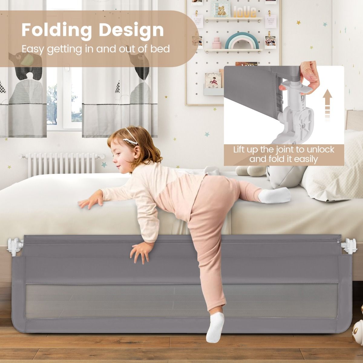 180 x 56 cm Foldable Mesh Bed Rail with Safety Straps for Toddlers