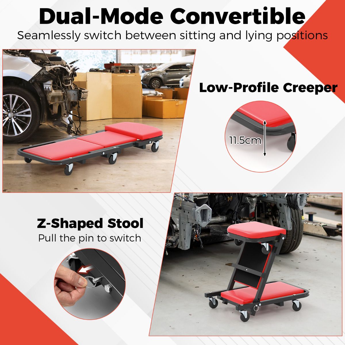 2-in-1 Foldable Low Profile Garage Creeper with Padded Seat and 6 Wheels