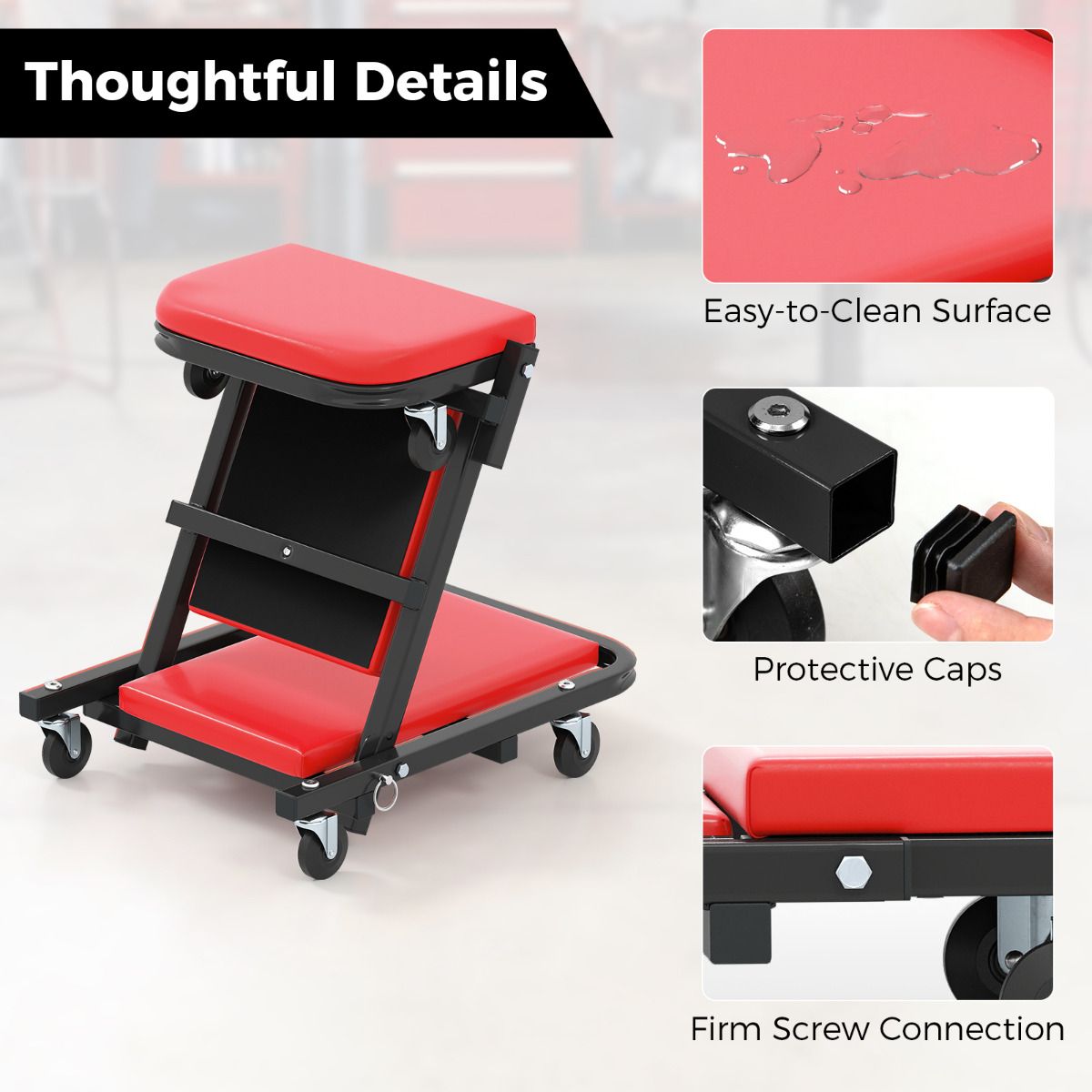 2-in-1 Foldable Low Profile Garage Creeper with Padded Seat and 6 Wheels