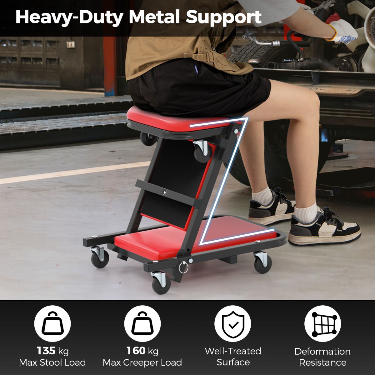 2-in-1 Foldable Low Profile Garage Creeper with Padded Seat and 6 Wheels