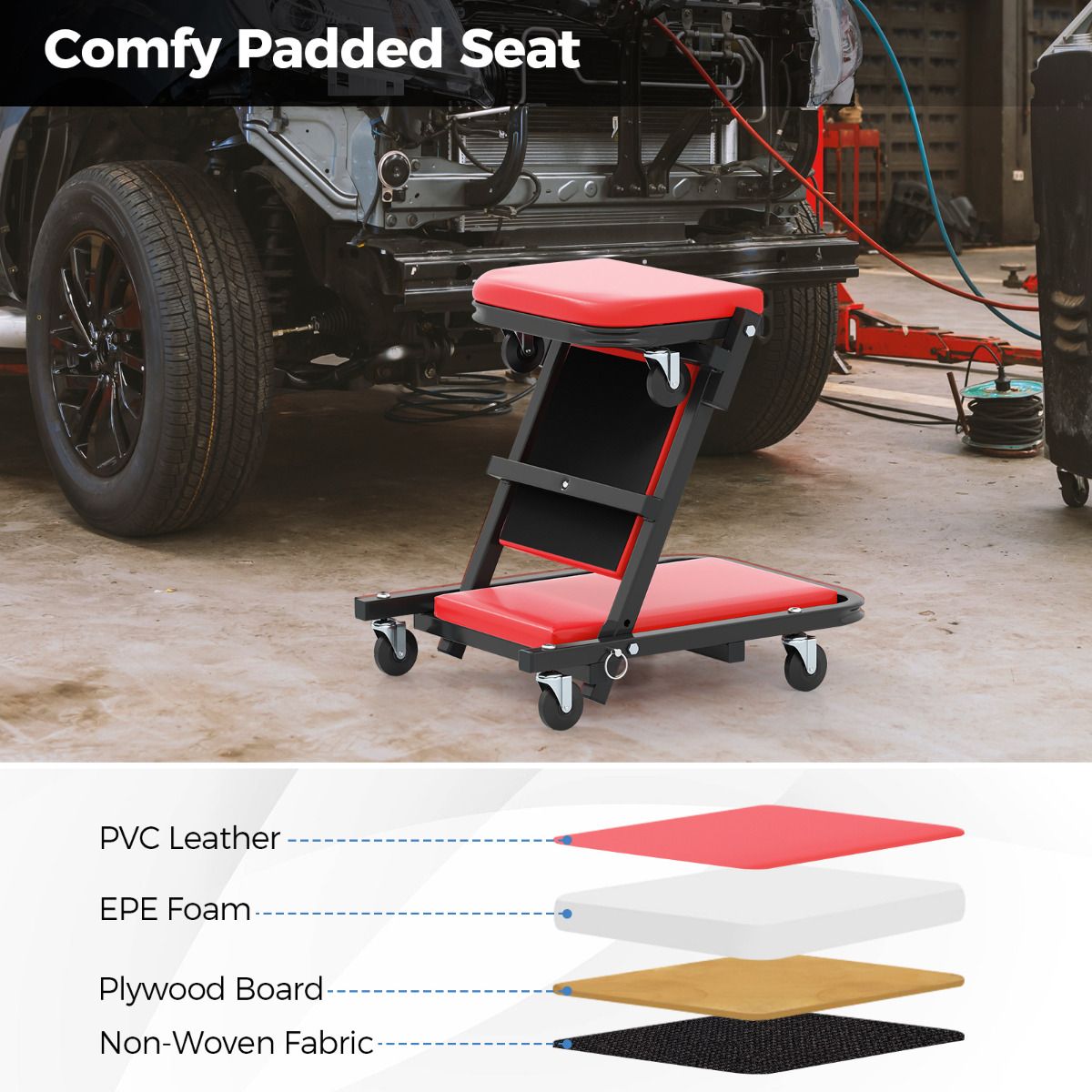 2-in-1 Foldable Low Profile Garage Creeper with Padded Seat and 6 Wheels