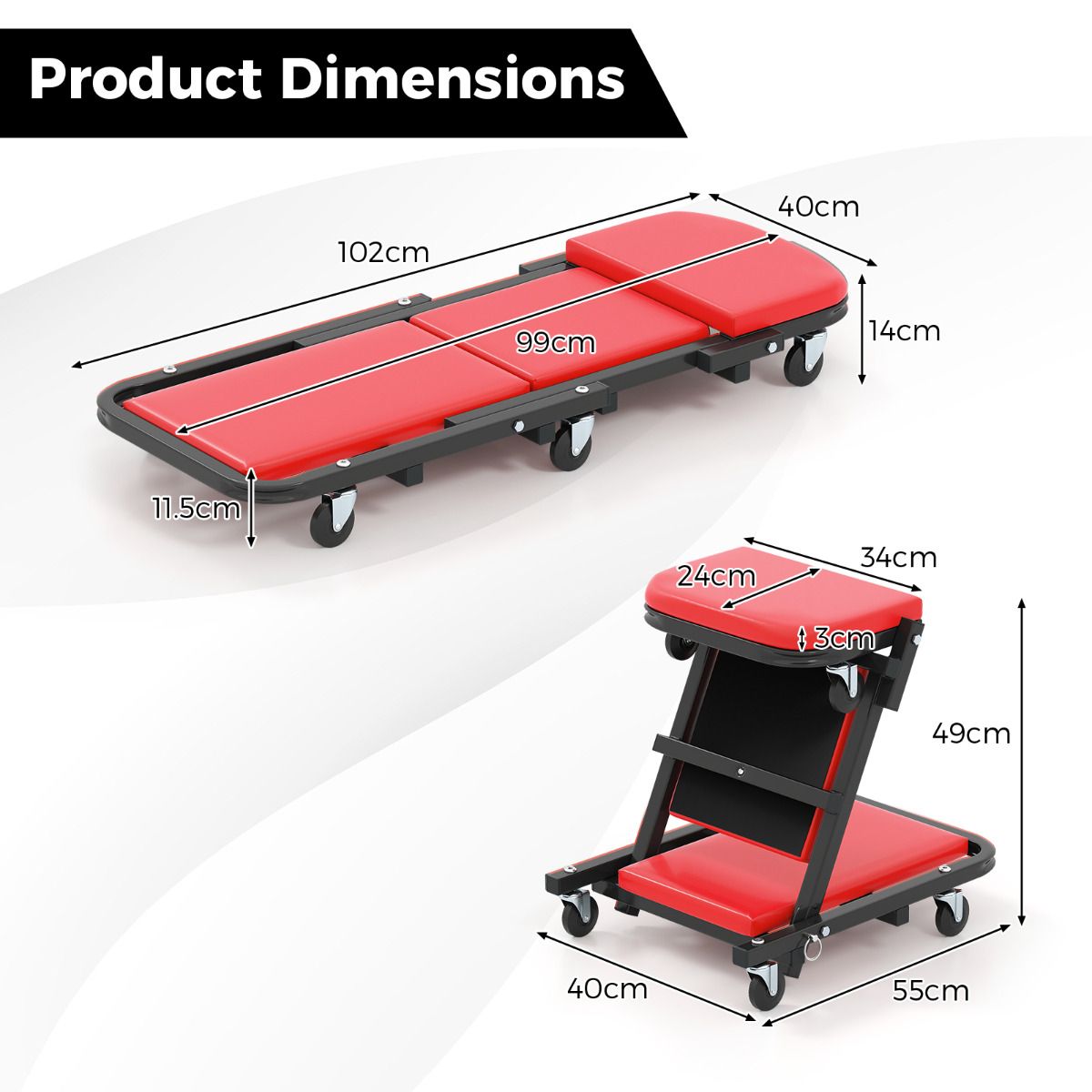2-in-1 Foldable Low Profile Garage Creeper with Padded Seat and 6 Wheels