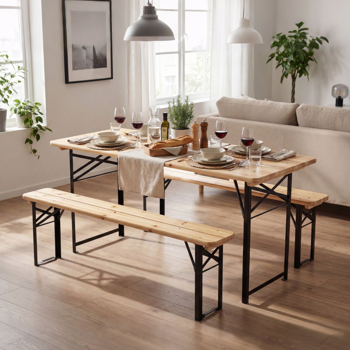 3-Piece Folding Solid Fir Wood Table Bench Set with Metal Frame