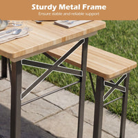 3-Piece Folding Solid Fir Wood Table Bench Set with Metal Frame
