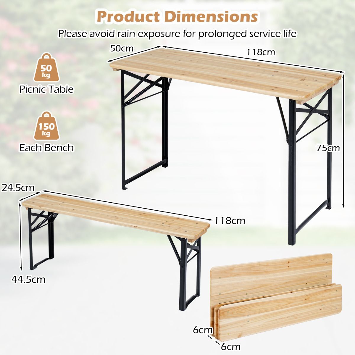 3-Piece Folding Solid Fir Wood Table Bench Set with Metal Frame