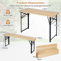 3-Piece Folding Solid Fir Wood Table Bench Set with Metal Frame
