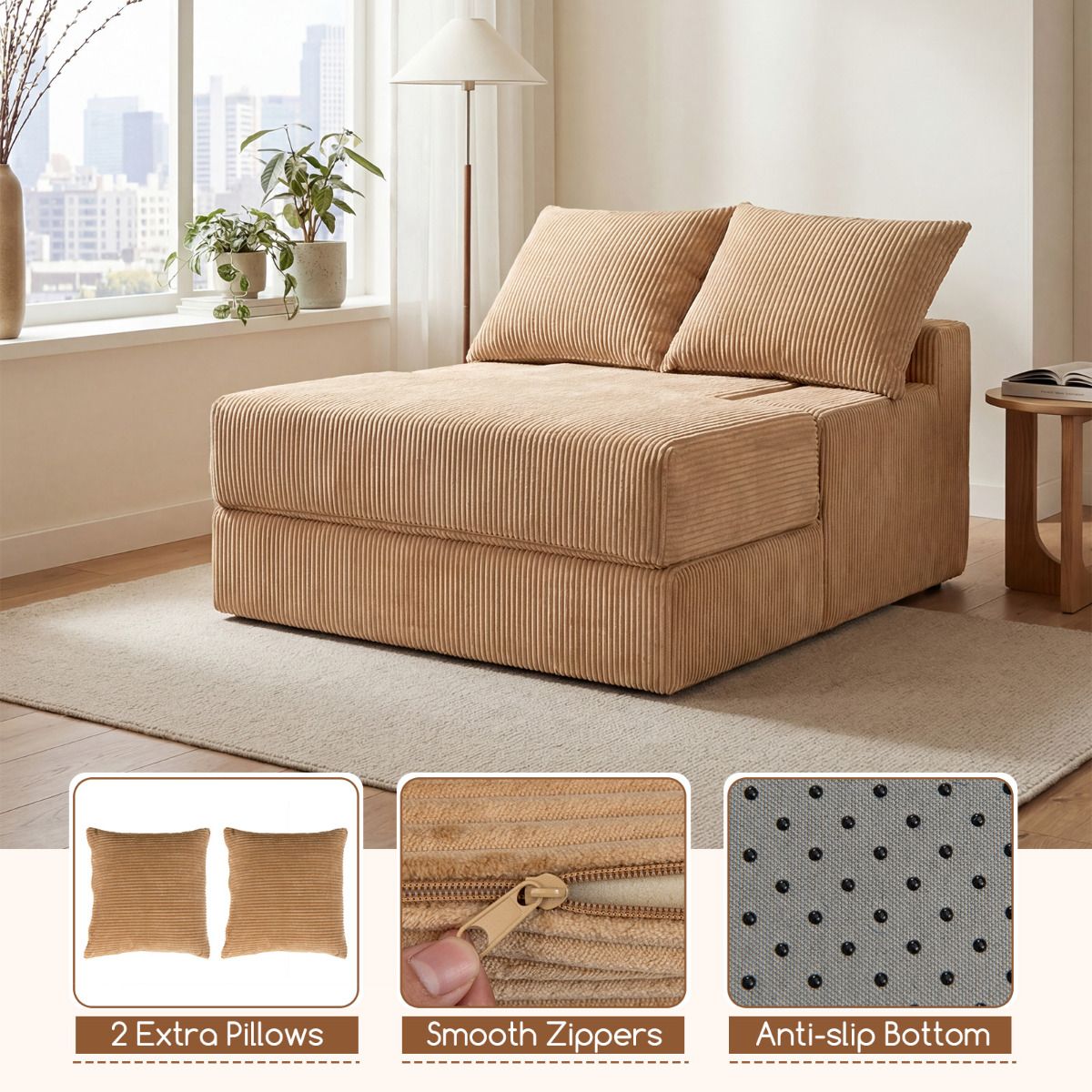 Folding Sofa Bed Convertible Sleeper Chair with Dual Pillows