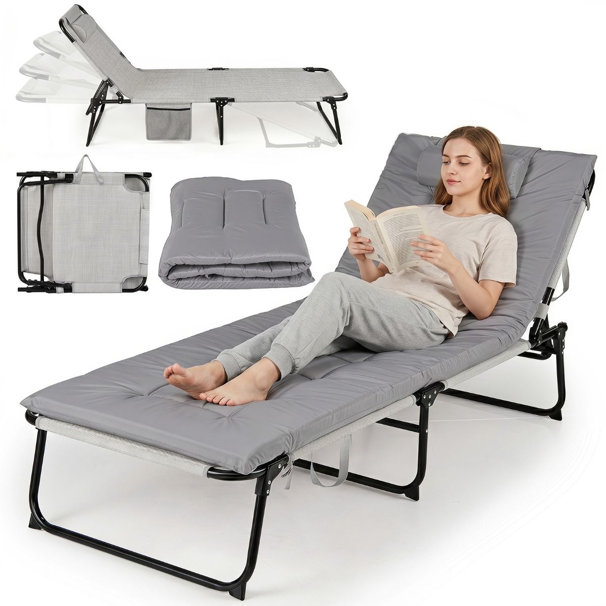 Folding Sun Lounger Foldable Beach Sun Lounger with Adjustable Backrest