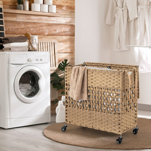 Folding Synthetic Rattan Clothes Hamper with 2 Removable and Washable Liner Bags for Bedroom