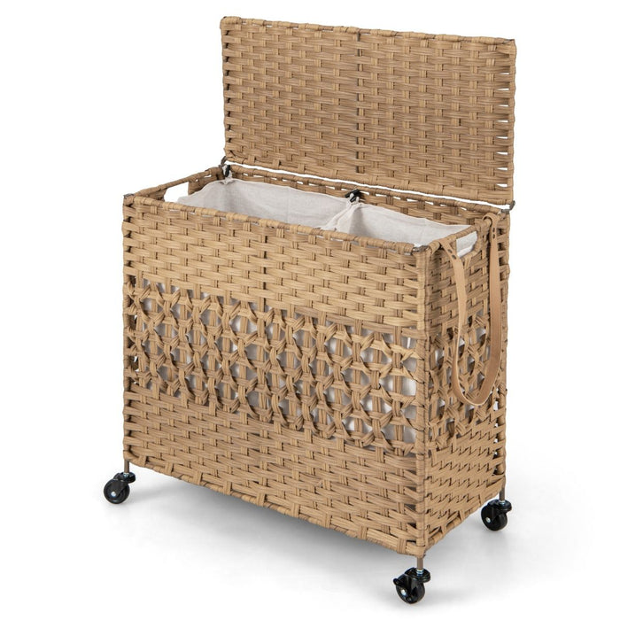 Folding Synthetic Rattan Clothes Hamper with 2 Removable and Washable Liner Bags for Bedroom