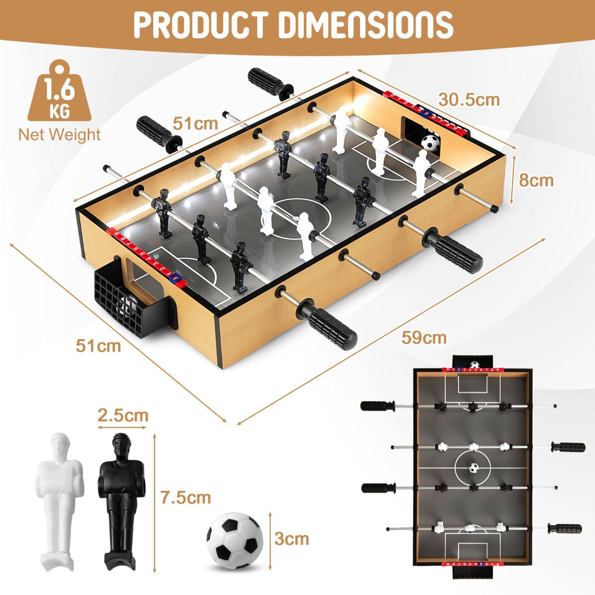 Foosball Table with LED Lights Realistic Players and 2 Balls