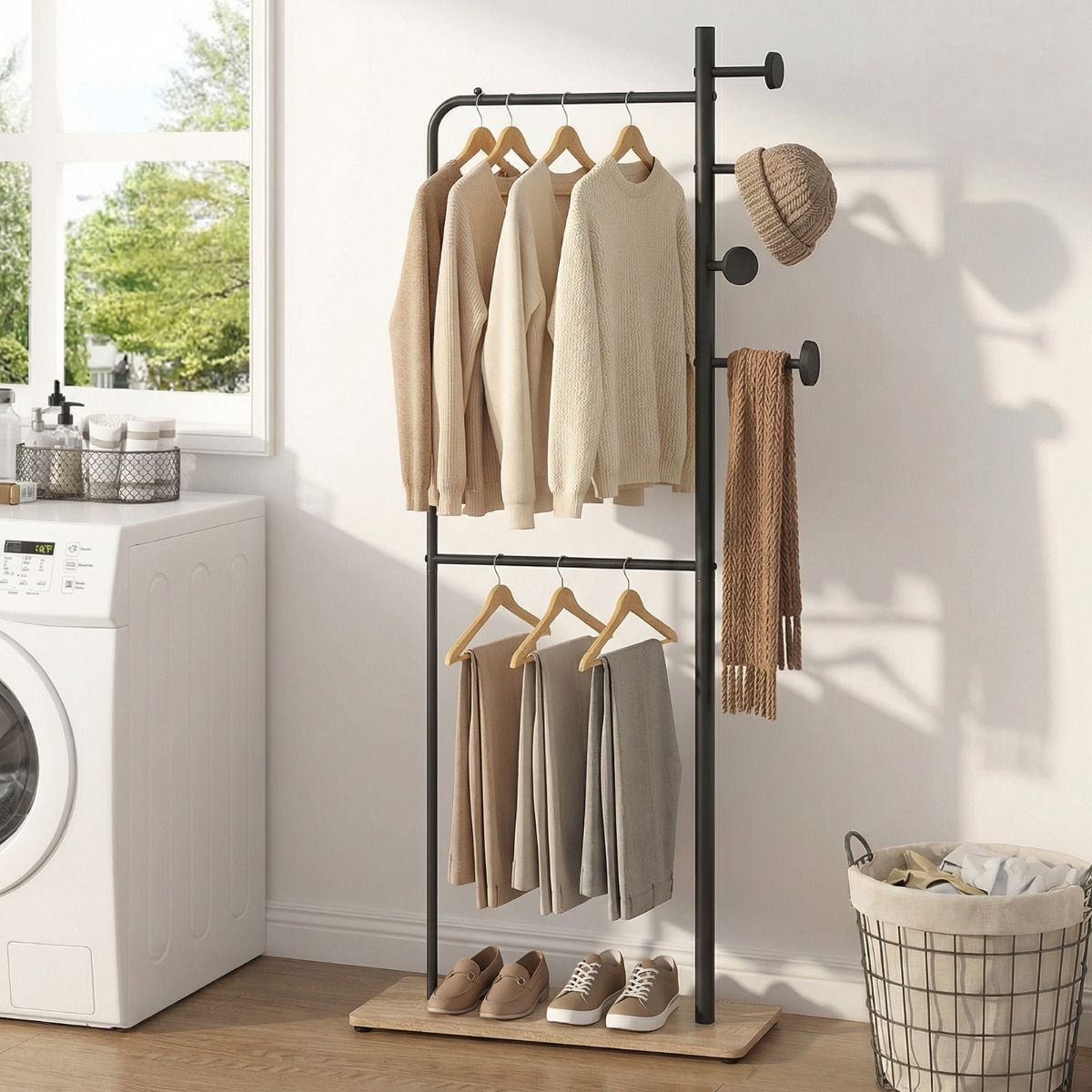 Freestanding Clothes Organizer with Rubber Wood Hooks