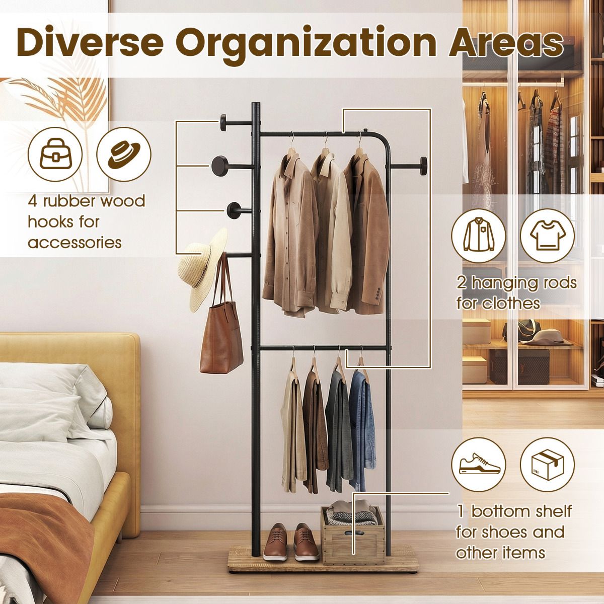 Freestanding Clothes Organizer with Rubber Wood Hooks