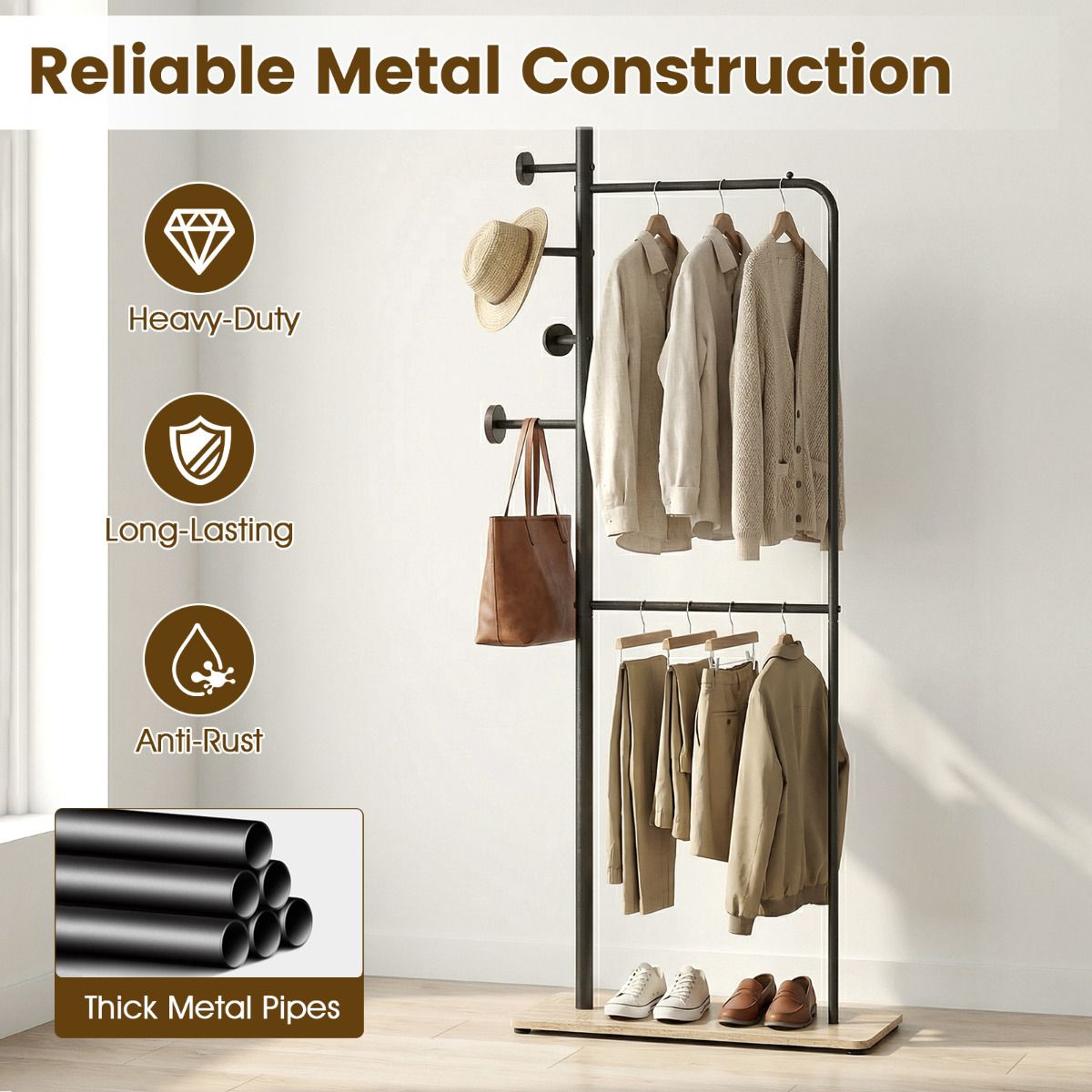 Freestanding Clothes Organizer with Rubber Wood Hooks