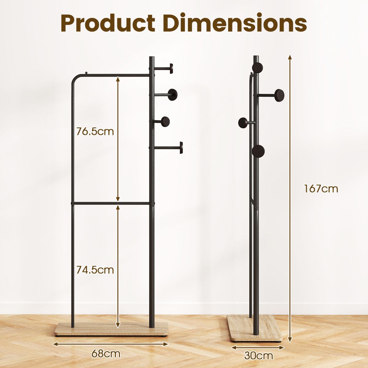 Freestanding Clothes Organizer with Rubber Wood Hooks