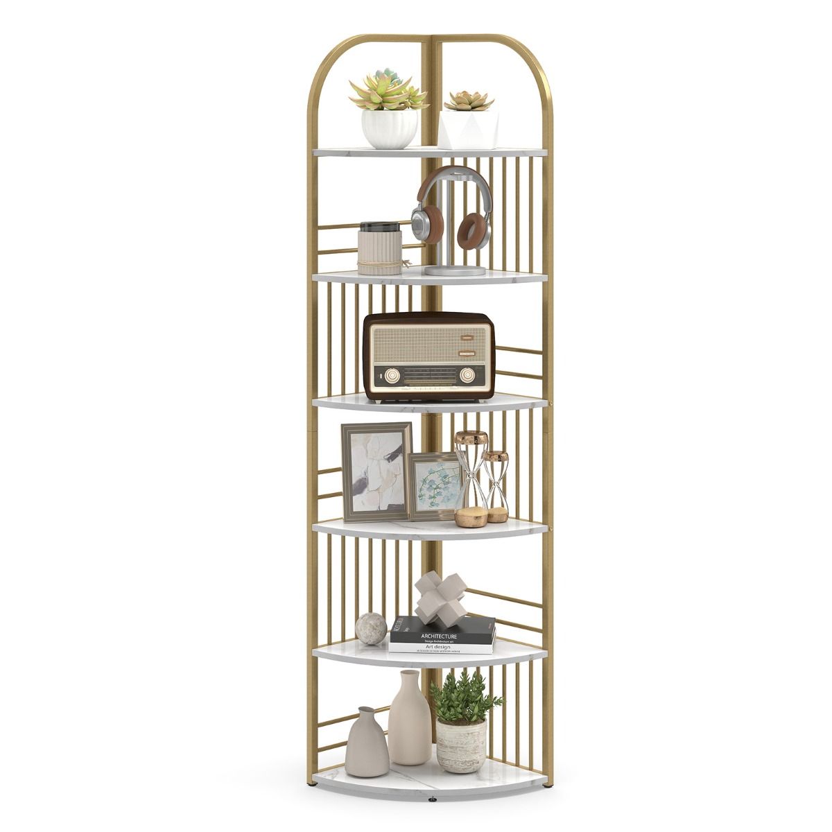 6-Tier Freestanding Corner Bookshelf with Heavy-duty Metal Frame