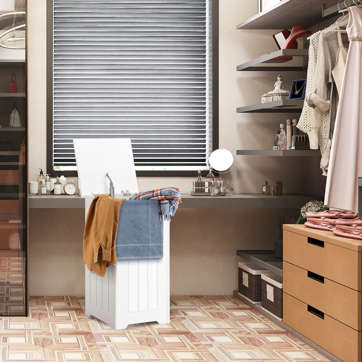 Freestanding Laundry Cabinet with Top Lid and Metal Hinge