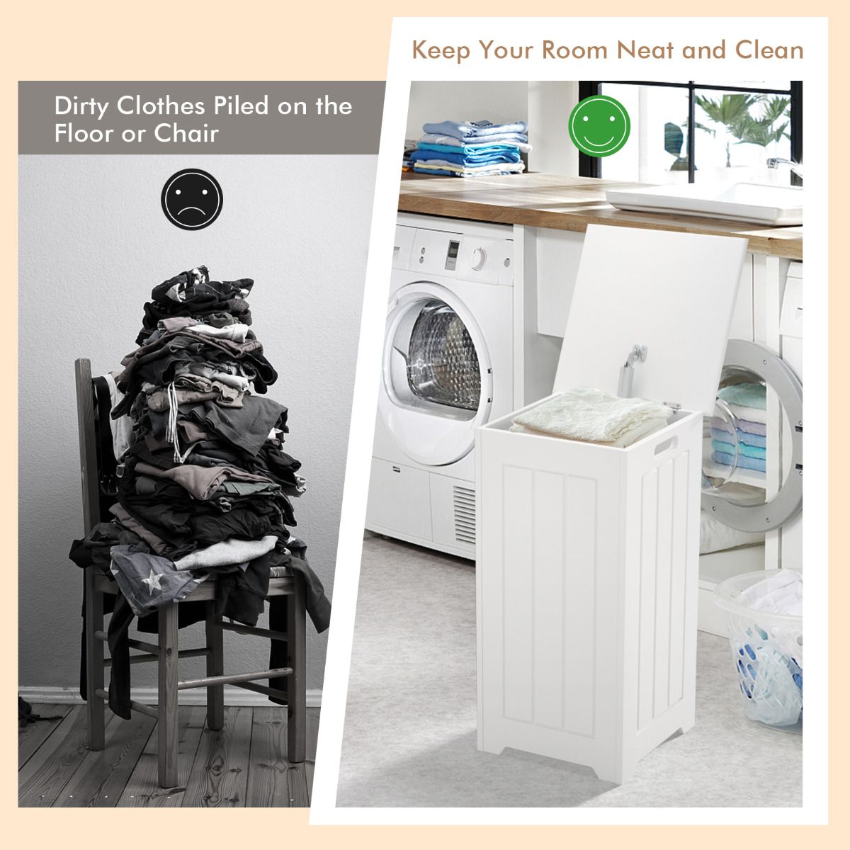 Freestanding Laundry Cabinet with Top Lid and Metal Hinge
