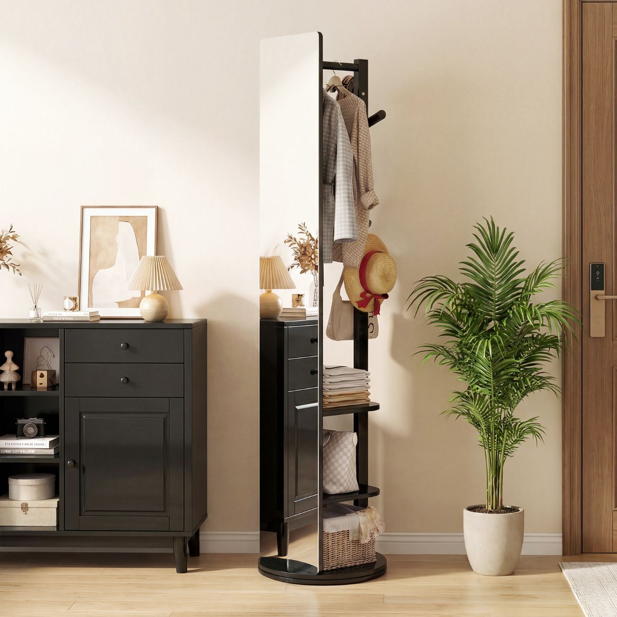 Full Length Mirror Coat Rack Solid Wood Standing Mirror