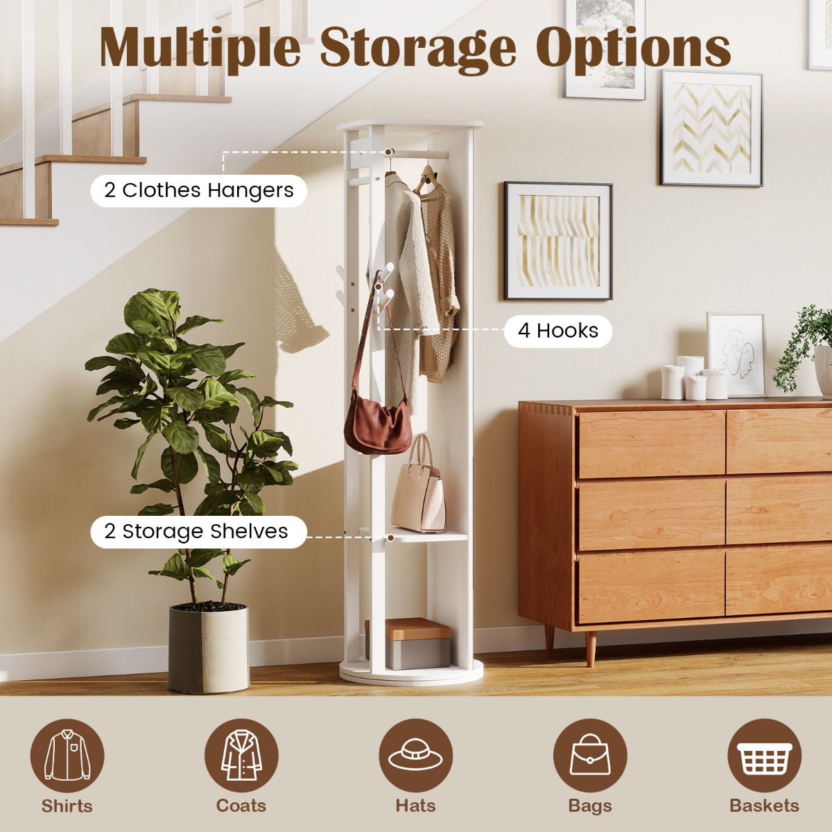 Full Length Mirror Coat Rack Solid Wood Standing Mirror with Clothes Hangers