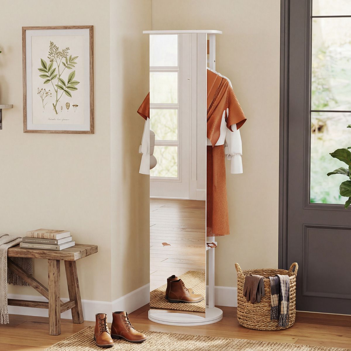 Full Length Mirror Coat Rack Solid Wood Standing Mirror with Clothes Hangers