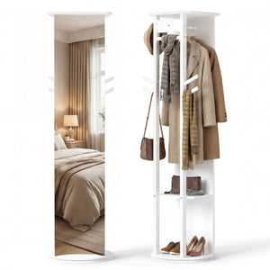 Full Length Mirror Coat Rack Solid Wood Standing Mirror with Clothes Hangers