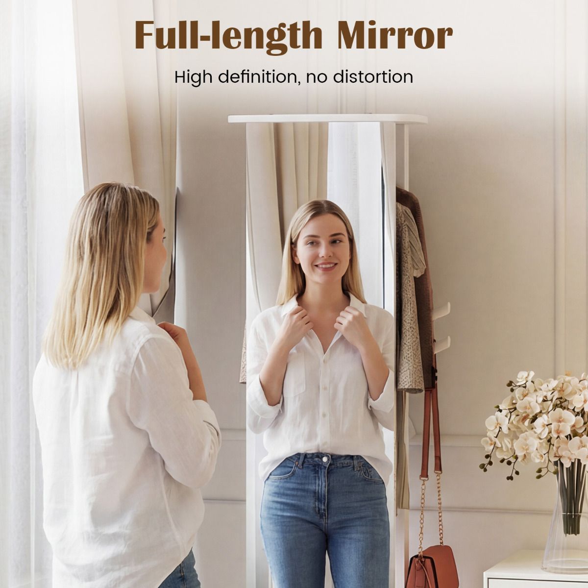 Full Length Mirror Coat Rack Solid Wood Standing Mirror with Clothes Hangers