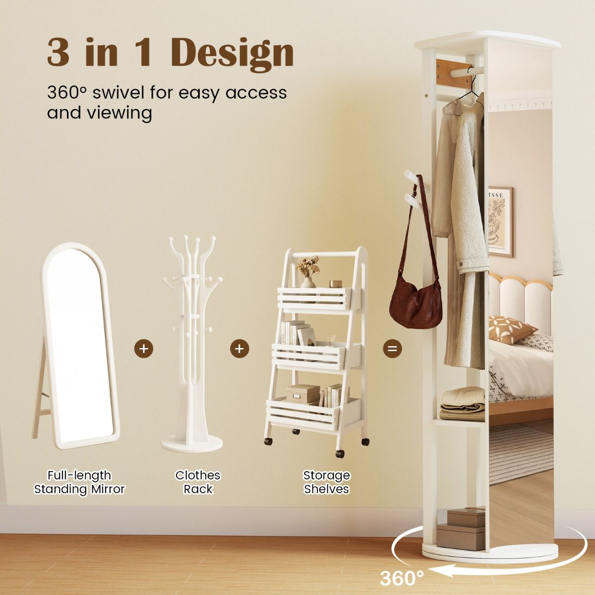 Full Length Mirror Coat Rack Solid Wood Standing Mirror with Clothes Hangers