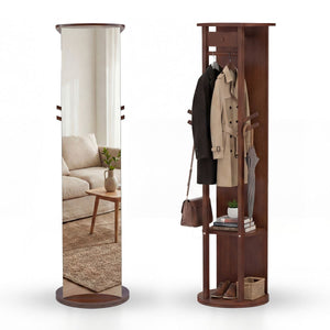 Full Length Mirror Coat Rack Solid Wood Standing Mirror with Clothes Hangers