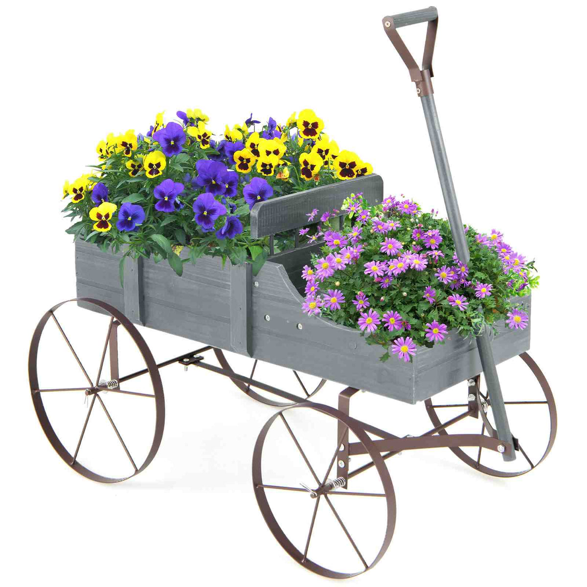 Wooden Garden Flower Planter Wagon Plant Bed W/ Wheel Garden Yard