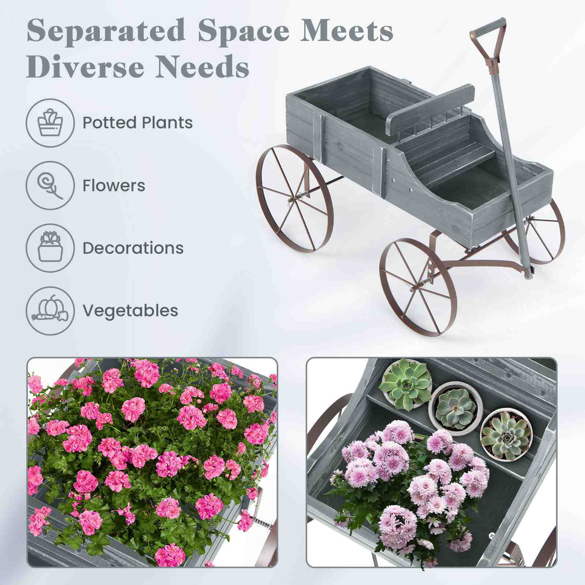 Wooden Garden Flower Planter Wagon Plant Bed W/ Wheel Garden Yard