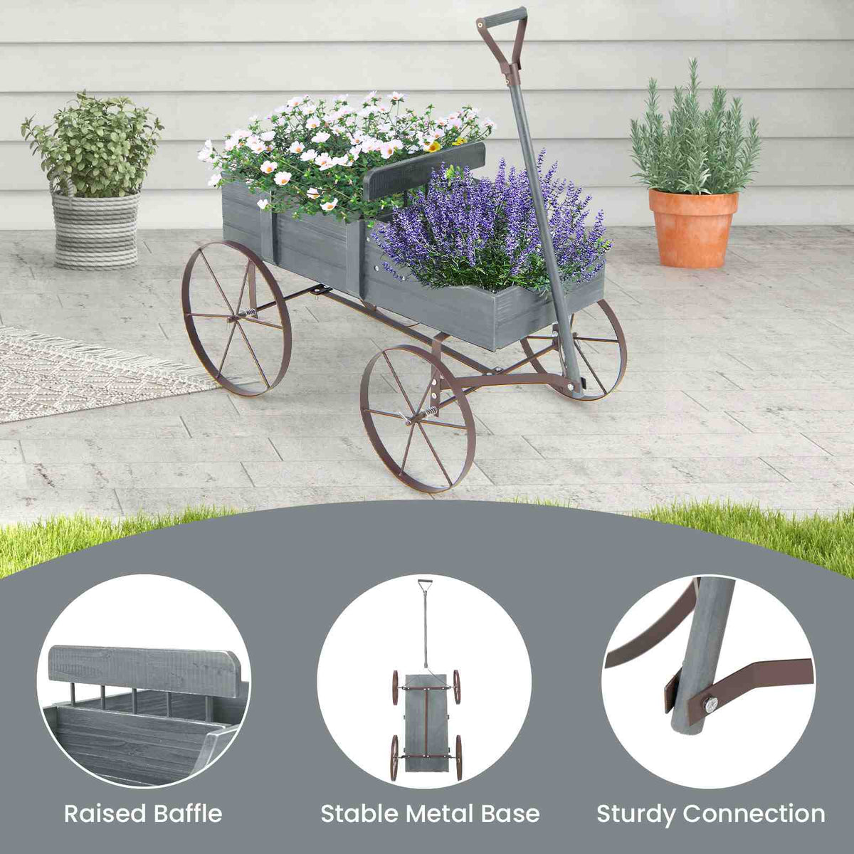 Wooden Garden Flower Planter Wagon Plant Bed W/ Wheel Garden Yard