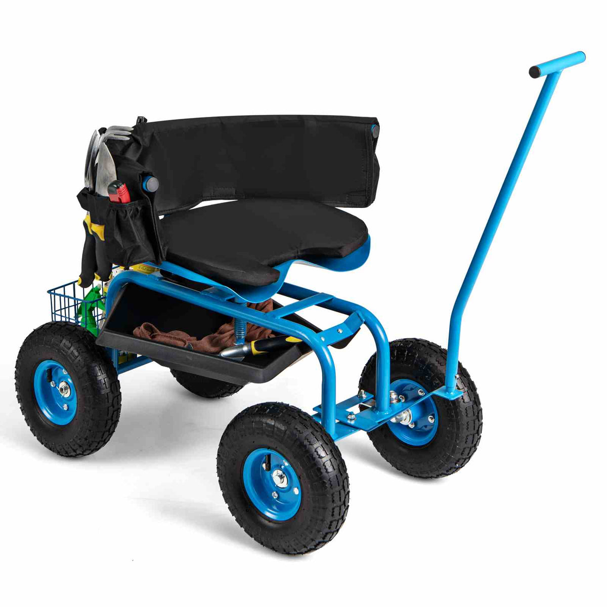 Rolling Garden Cart, Garden Scooter with Seat & Tool Storage, 2 Steering Handles