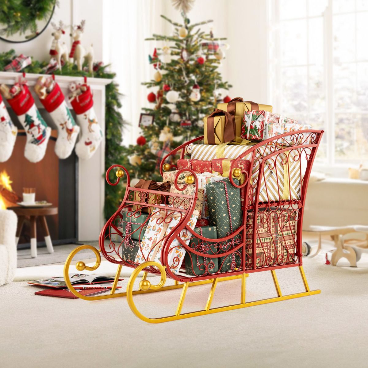 Hollowed-out Metal Christmas Santa Sleigh Basket