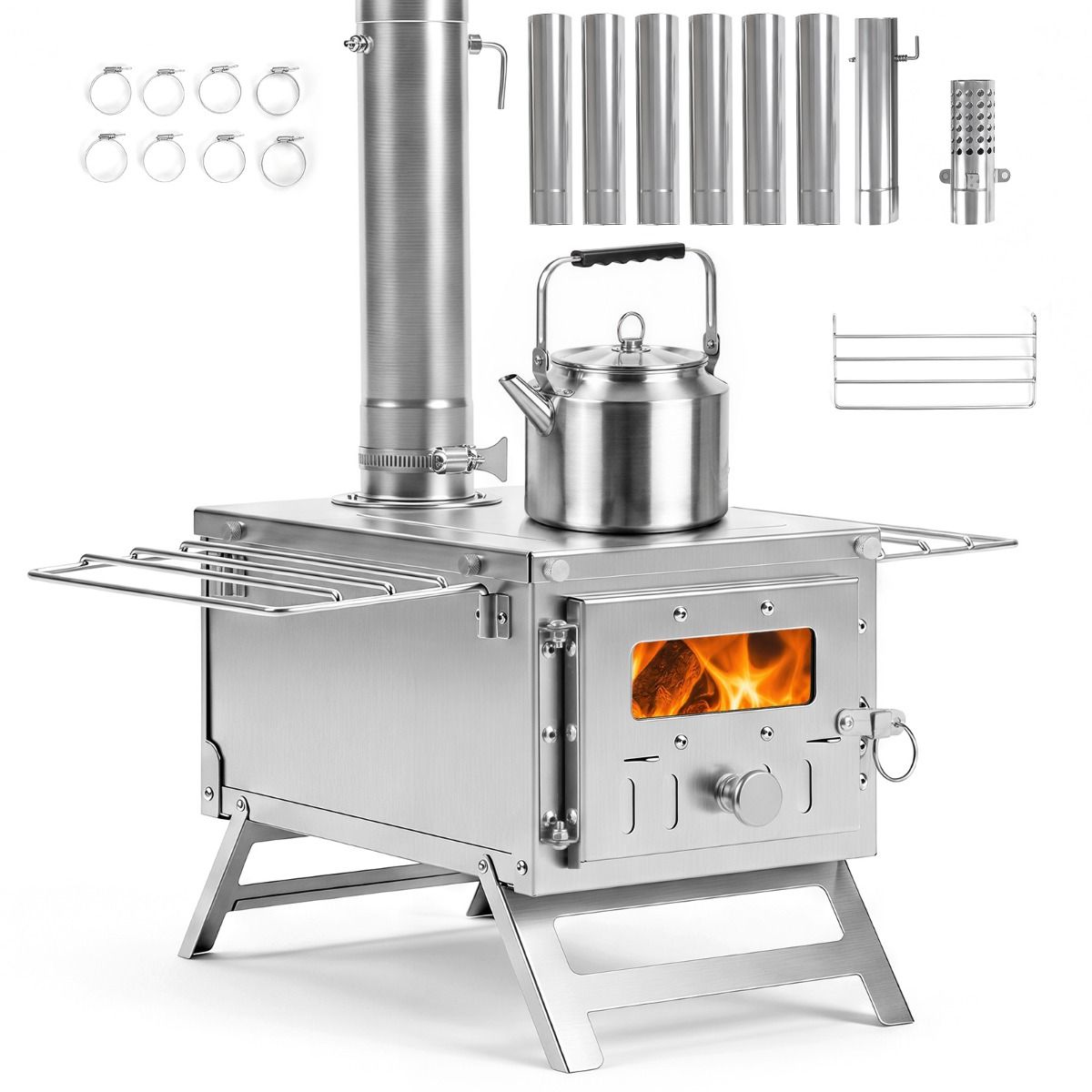 Hot Tent Stove Portable Wood Burning with 7 Pipes and Spark Arrestor