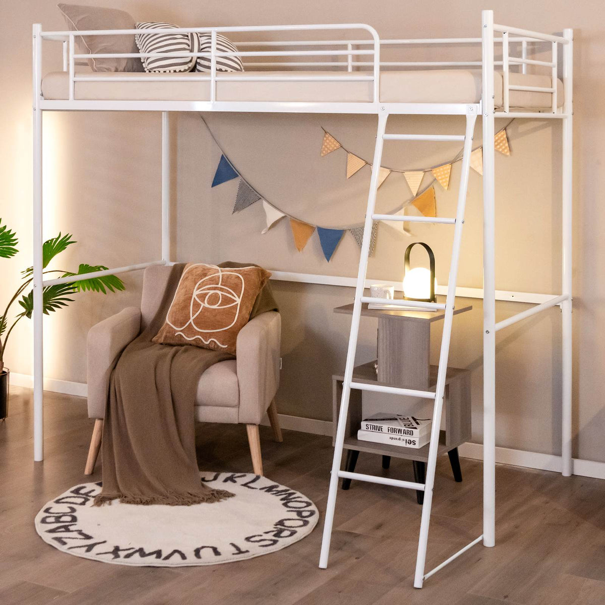 Twin Metal Loft Bed, Heavy-Duty Loft Bed Frame with Ladder & Safety Guard Rails